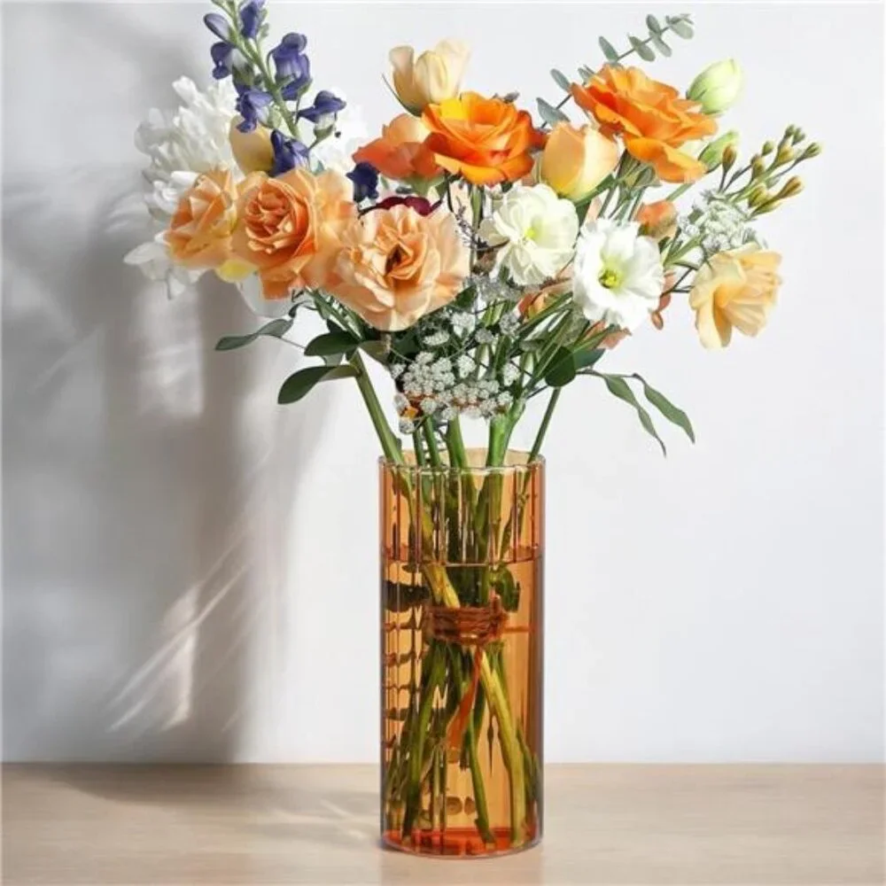 NEW West Elm XL Colored Glass Boho Ribbed Cylinder Flower Vase Planter Decor 8